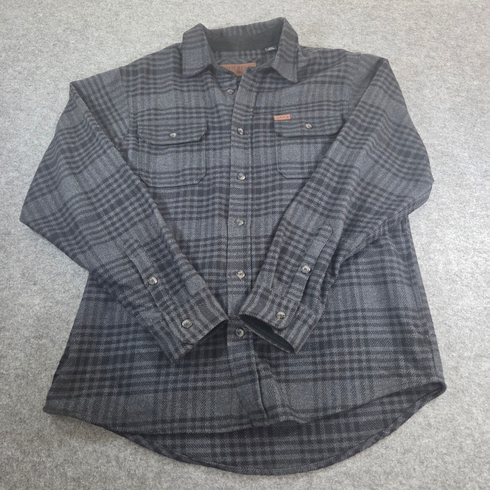 Orvis Mens M Heavyweight Flannel Shirt Jacket Gray Black Plaid Shacket